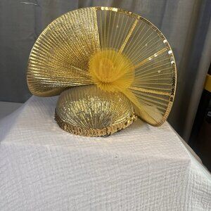 Ms. Hi's classic gold lame fascinator first lady church derby hat fan shape rose